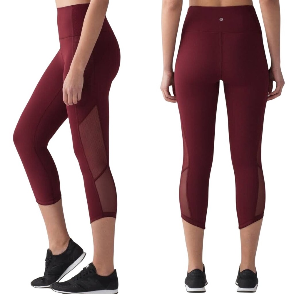 Lululemon Body Con Crop Polka Dot Mesh 21"‎ Leggings Deep Rouge Red Size 4